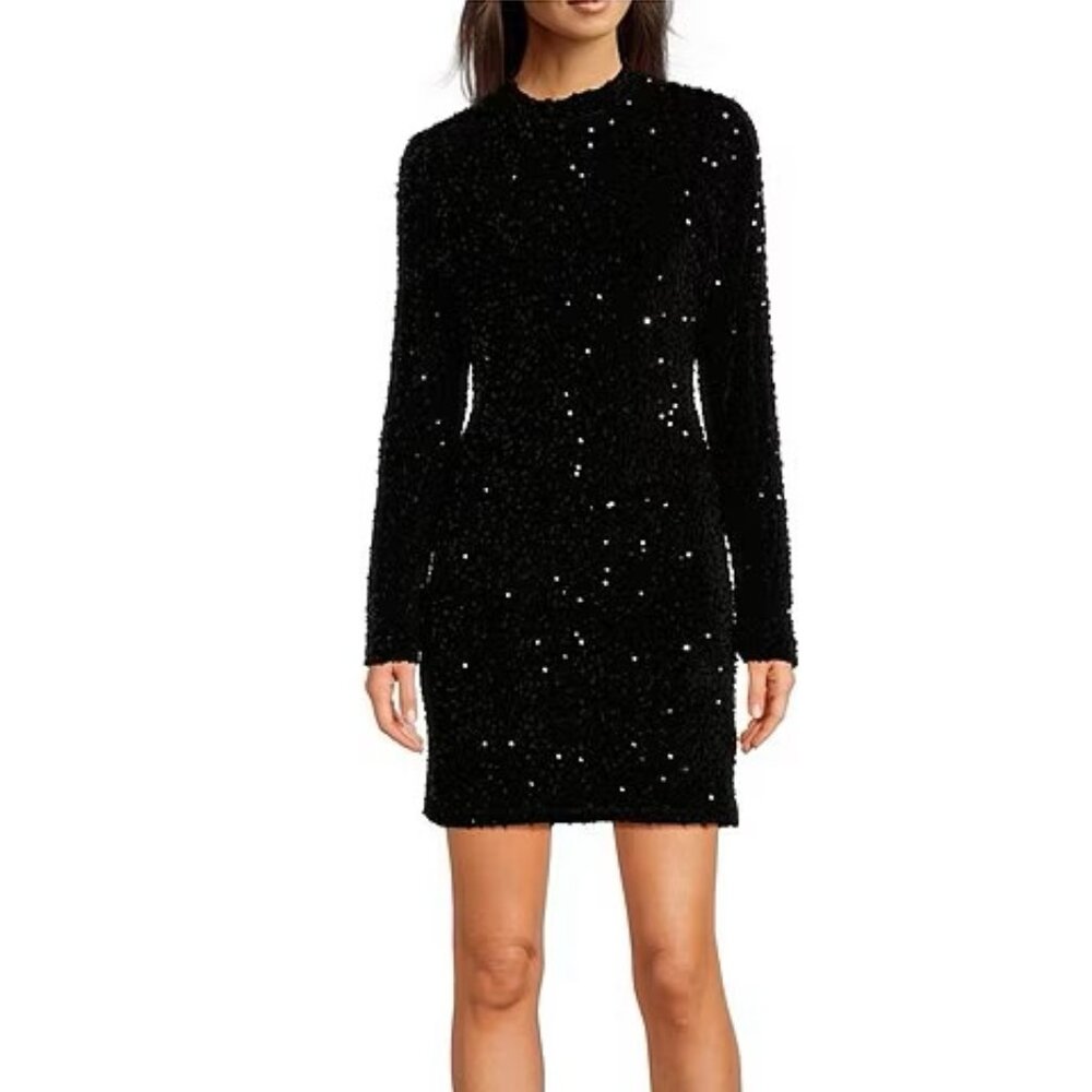 Donna Karan DKNY by Donna Karan Black Sequined Velvet Mock Neck‎ Dress SZ L NWT